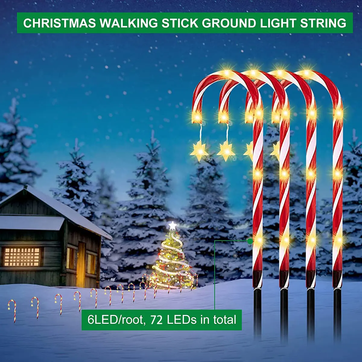 12PCS Solar LED Light String Christmas Candy Cane Lights With Star Party Garden Decoration Outdoor Solar Lamp Home Decor navidad