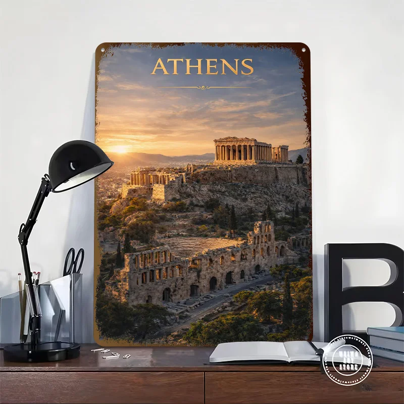 Athens Acropolis At Sunset Metal Poster Custom Wall Art Retro Vintage Tinplate Signs for Man Cave Room Decor Men Bar Accessories