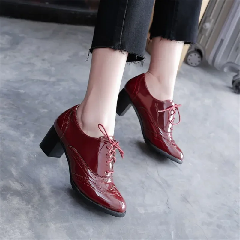 British Women's Oxfords Blue Red Black Patent Leather High Block Heels Pumps Party Dress Office Lady Lace Up Retro Brogue Shoes