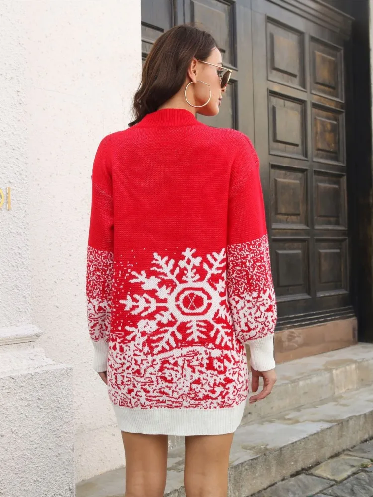 Autumn Winter New Women\'s Christmas Woolen Skirt Fashion Printed Snowflake Jacquard Lantern Sleeve Loose Knitted Dress