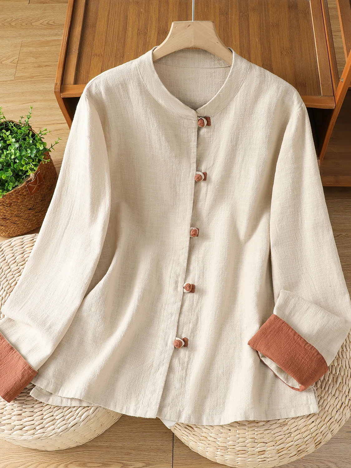 

Spring 2026 Casual Long Sve round Ne irt Contrast Color Large Size Women's Wear Cotton Blend Zen Sle Open Cardigan