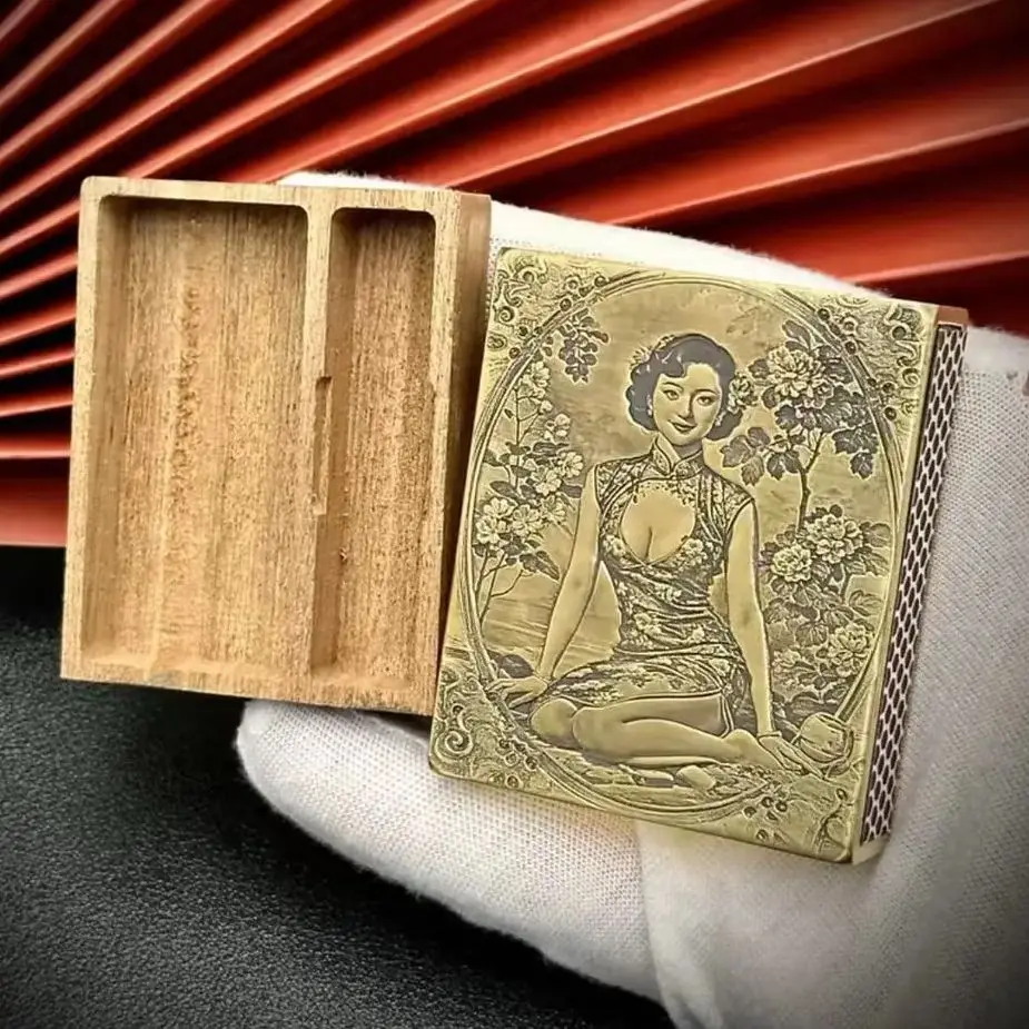 Exquisite Brass Armor Matchbox Metal Shell With Wooden Box Inside Retro Style Elegant Women With Two Patterns Collecting Gifts
