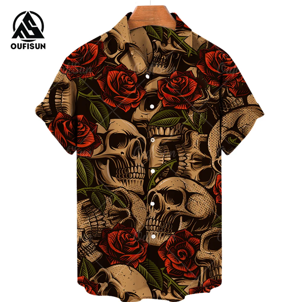 Summer Fashion Men\'s Short Sleeve Casual Printed Shirt Flowers Horror Skull Print Vacation Travel Oversized Top Size S-5XL