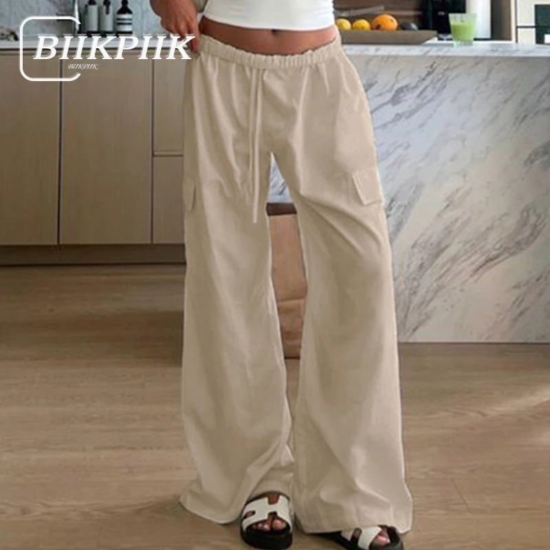 

BIIKPIIK Casual Pockets Pants Women Simple Slacks Elastic Waist Drawstring Straight Linen Trousers Autumn All-match Bottoms Home