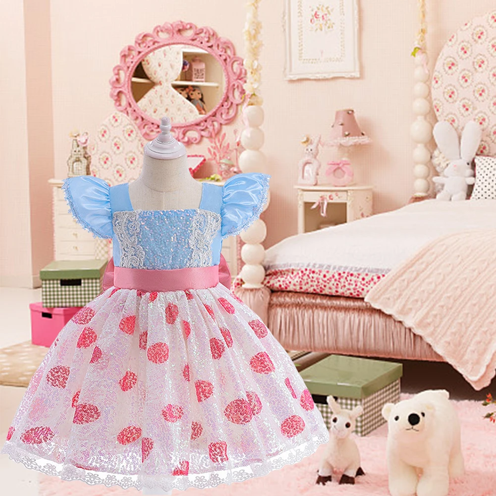 Girls Costume Kids Cosplay Bo Peep Pink Clothes Summer Fly Sleeve Sequins Dresses Fancy Princess Dress for Party