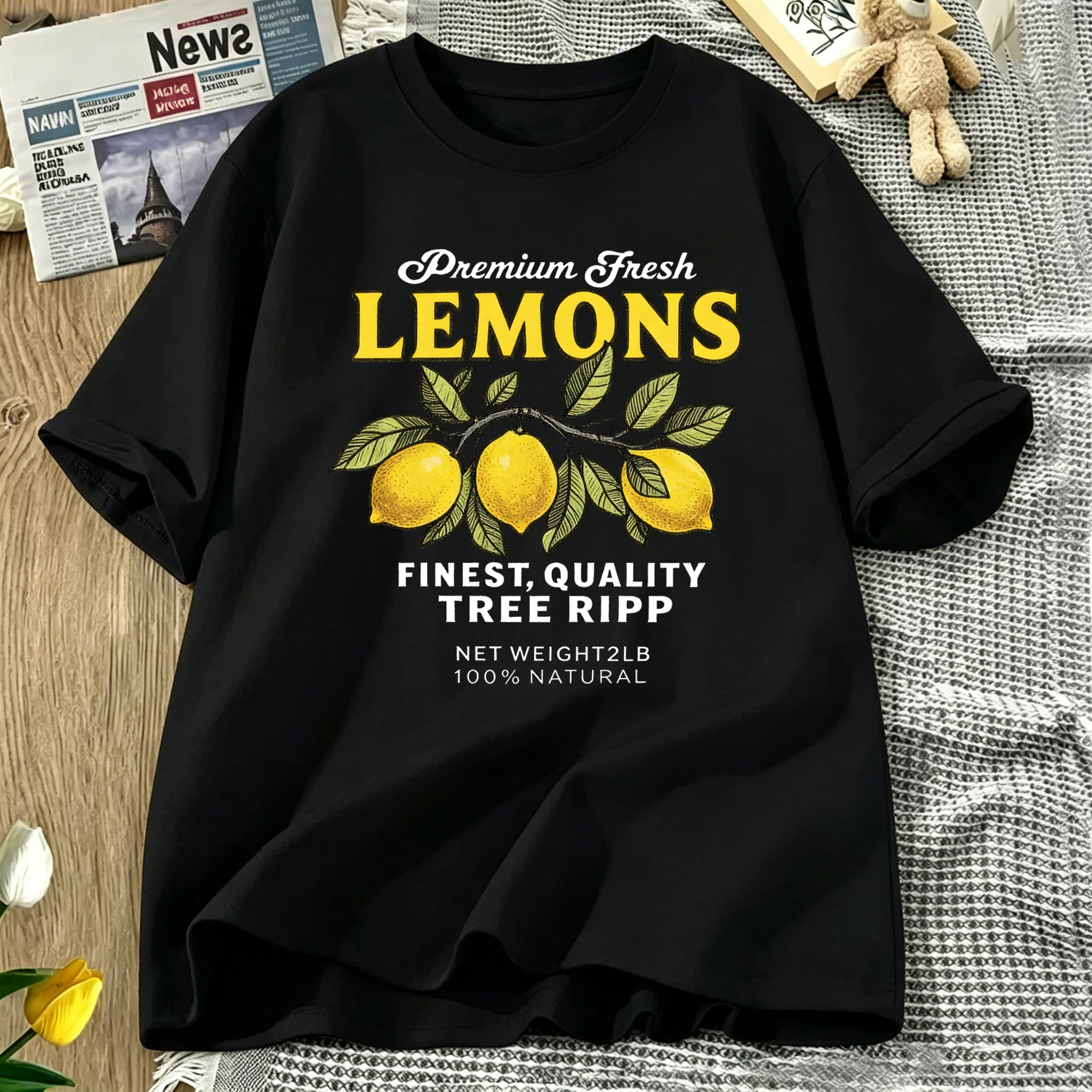 Premium Fresh Natural Lemons Printing Women T-Shirt Summer Tee Shirts O-Neck Casual Short Sleeve Hip Hop Cotton Streetwear