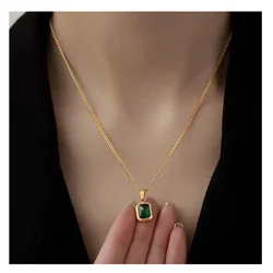 Square Green Zircon Pendant Stainless Steel Gold Plated Necklace Fashion Jewelry Wedding Engagement Party Gifts for Women Girls
