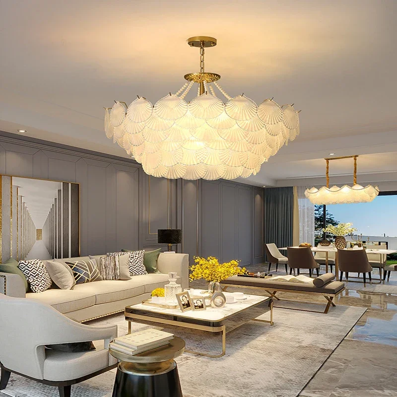 

New Shell Design Glass Chandelier Gold Plated Meatal Lustre LED Luxury Chain Hanging Lamp Home Appliance For Home Decor