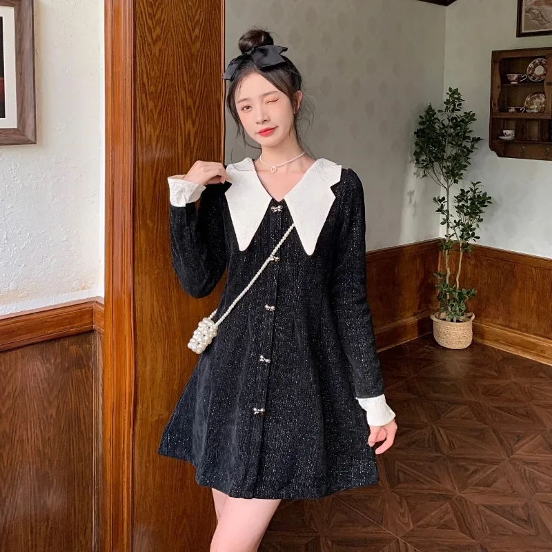 2023 Autumn New Women Dress French Vintage Color Collision Peter Pan Collar Cute Dress Flared Sleeve Thin Dress Female