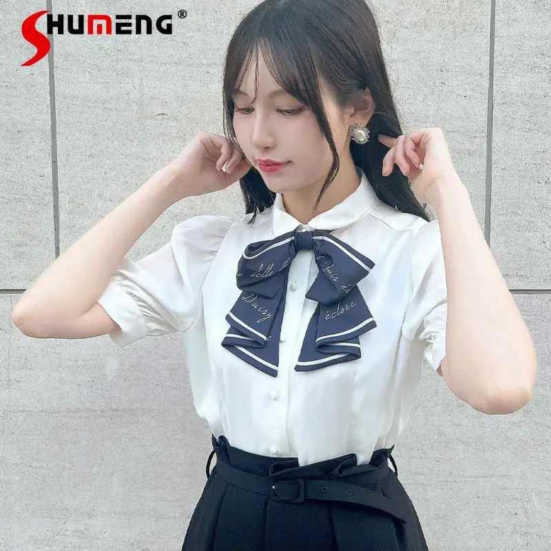 

Japanese Style Simple Retro Commuter Blouse Doll Collar Bow Short Sleeve Single Breasted Sweet Cute Versatile Shirts Tops Women