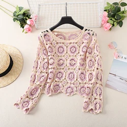 Crochet Cardigan for Women Retro Colorful Square Print Long Sleeve V-Neck Knit Sweater Button Hollow Out Jumper