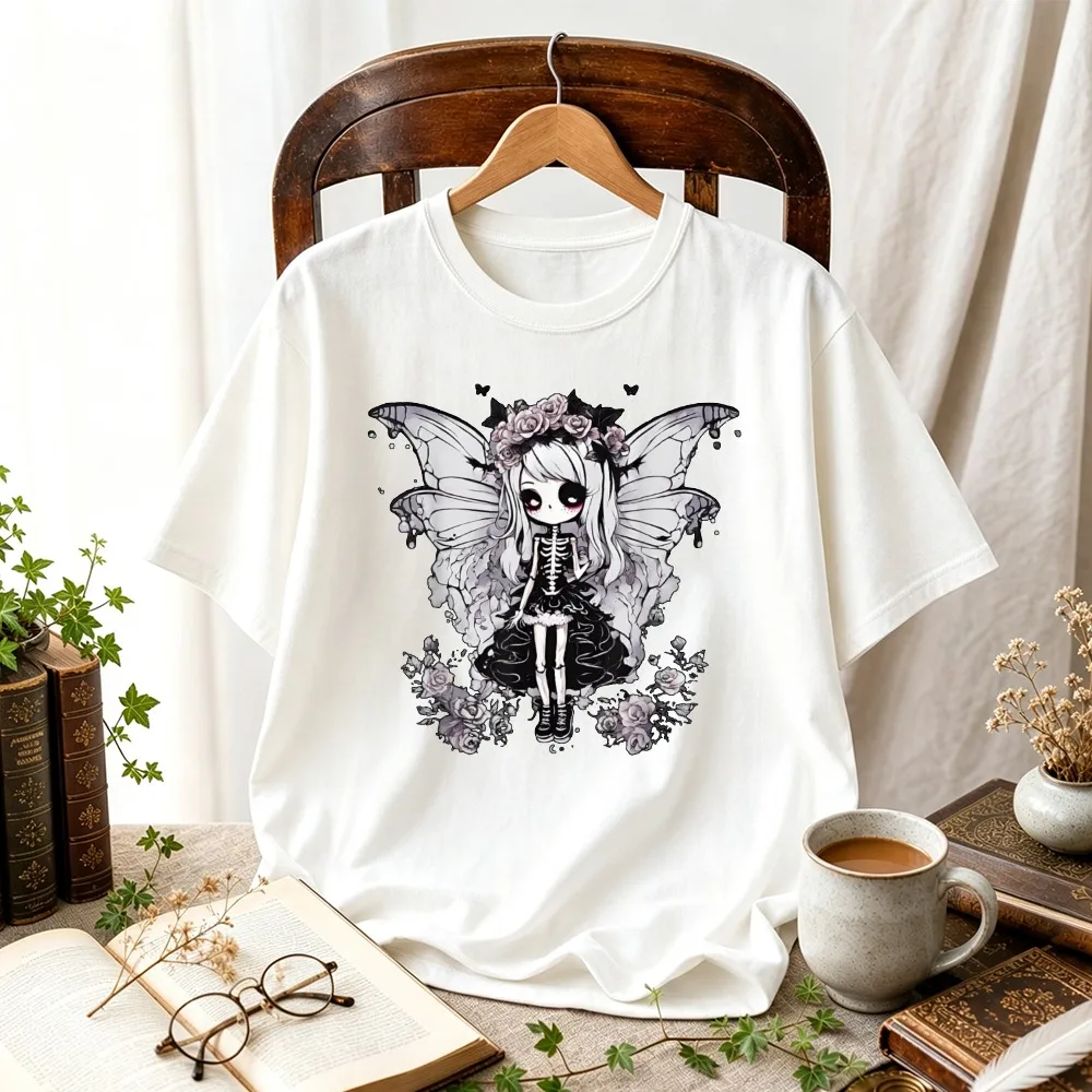 Gothic Skeleton Butterfly Fairy Doll Graphic T Shirt Aesthetic Floral Elf Print Casual Cotton Harajuku Horror Goth Lover Tee Top