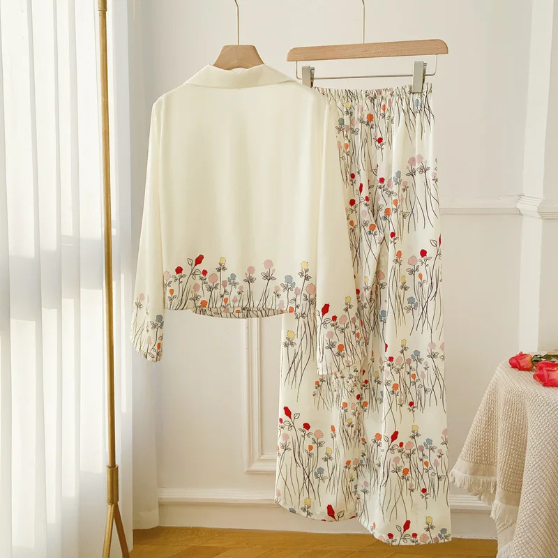 Feminino 2 pçs pijamas conjunto primavera verão impressão flor pijamas manga longa calças ternos doce solto cetim casa roupas loungewear