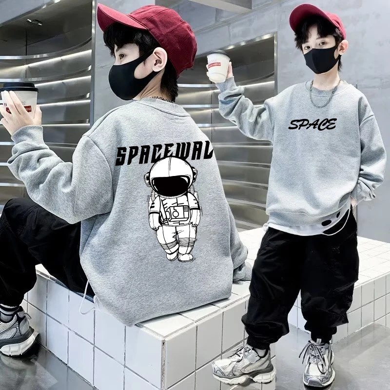 Boys Cotton Sweatshirts 5-12T Autumn Long Sleeved cartoon T-shirt For Kids Black Trendy Printed Sportswear Children\'s O Neck Top