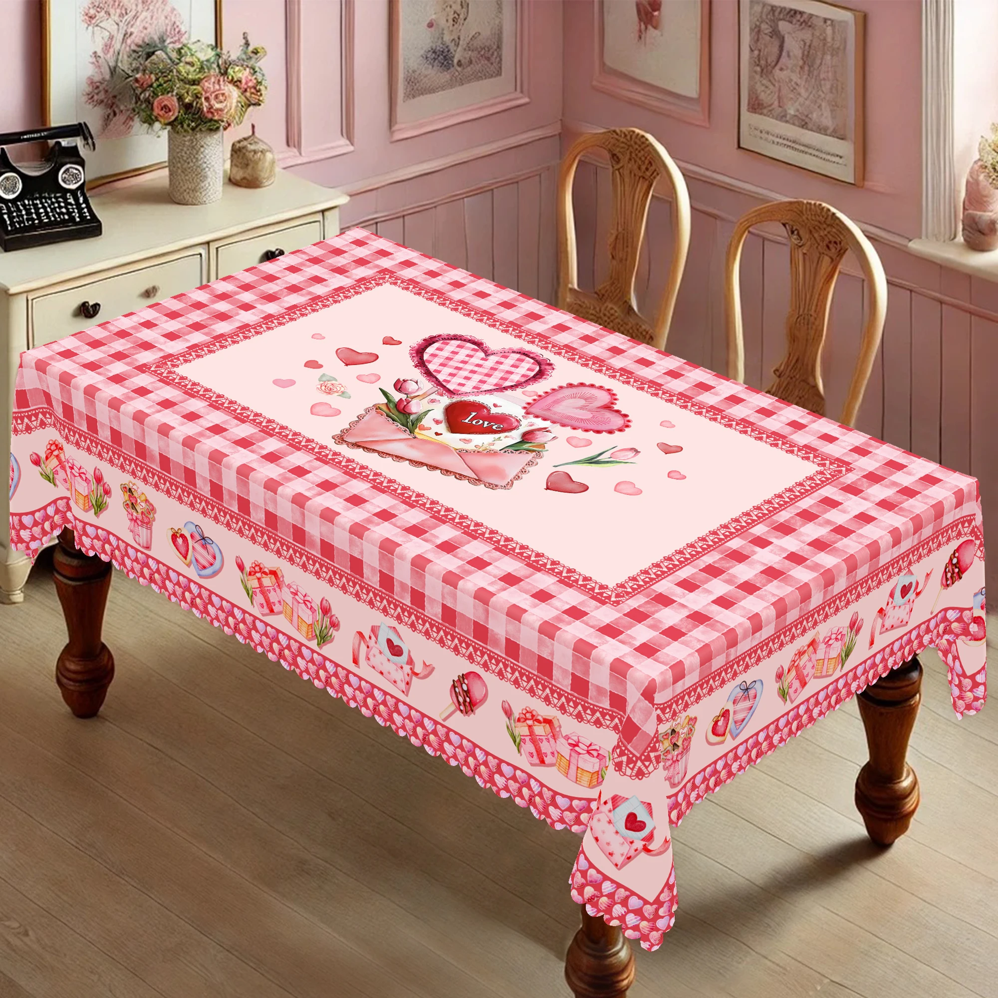 1 Piece, Round/Rectangular Sweet Candy-Themed Polyester Tablecloth + 4 Self-Adhesive Stickers, Pink and White Checkered Print, Pink Gift Box with Tulip Romantic Love Letter and Ice Cream Print, Embossed Edges, Suitable for Home Kitchen, Outdoor Garden, Holiday Gatherings, Restaurant and Banquet Decoration, Party Event Decoration, Suitable for Valentine's Day, Wedding Decoration, Wedding Banquet Tablecloth, Exquisite Gift Valentine's Day-007