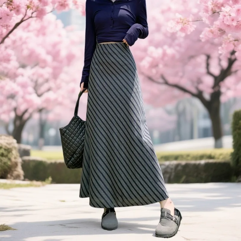 

American Retro Skirts New Year Date Girls Fashion Woman Elegant Office Lady Vintage High Waist A Line Striped Long Skirt