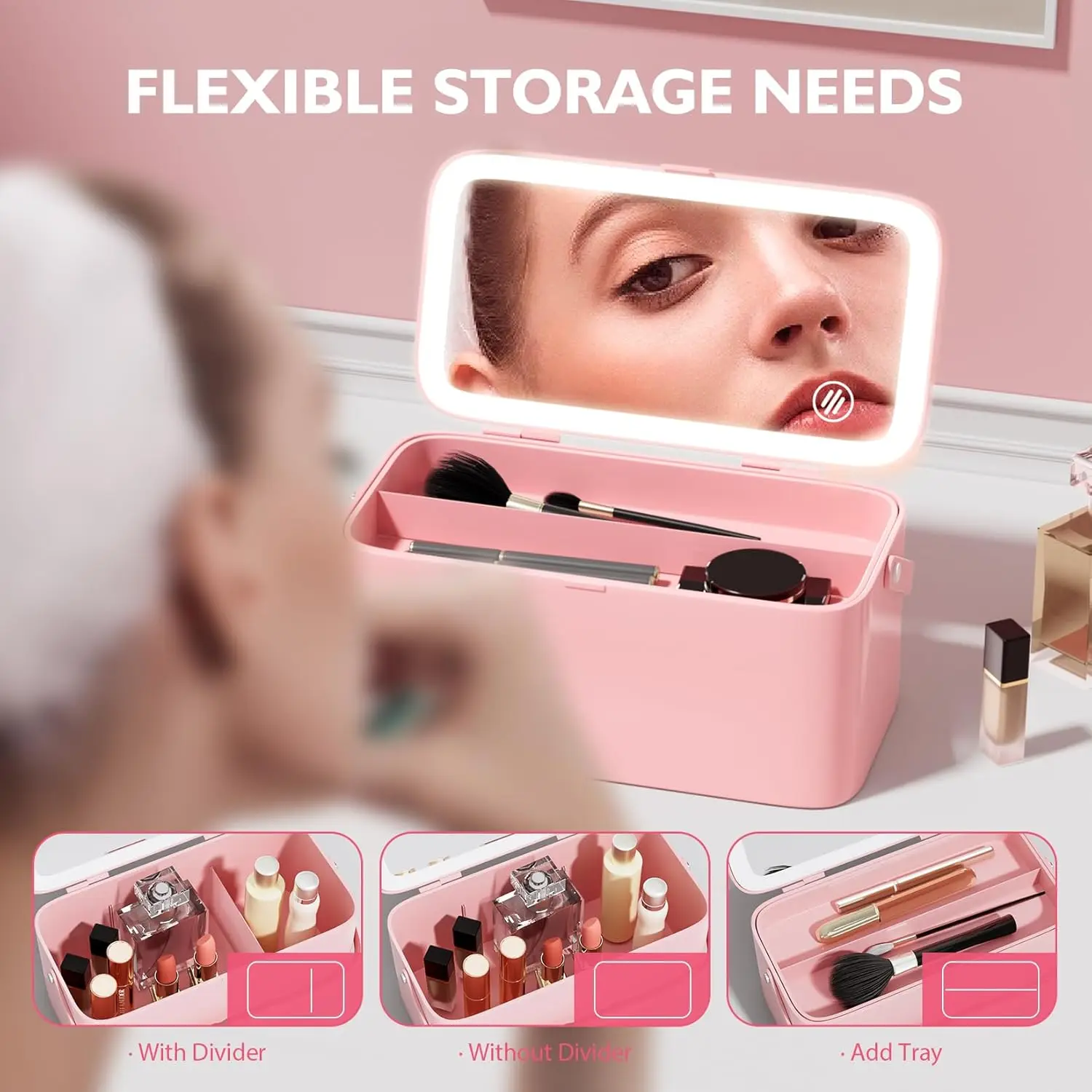 ミラー付きメイクアップケース 3色照明付きメイクアップミラー ミラー付きメイクアップボックス DIYパーティション コンパートメント付き充電式