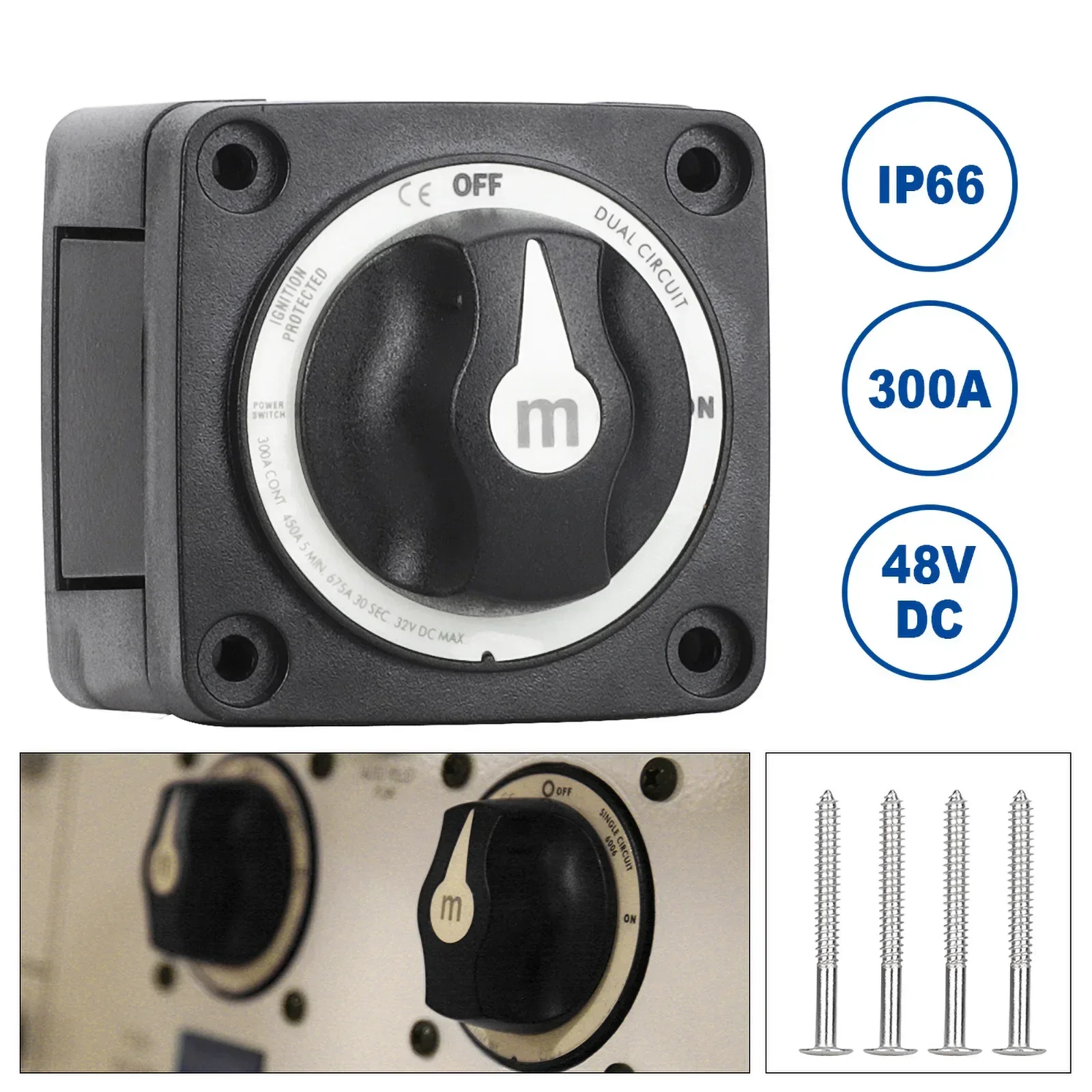 

12-48 В, 300 А, одноконтурный выключатель для грузовика, лодки, кемпера, автофургона, 2-позиционный переключатель автомобильного аккумулятора серии M, изолятор, отключающий поворотный переключатель