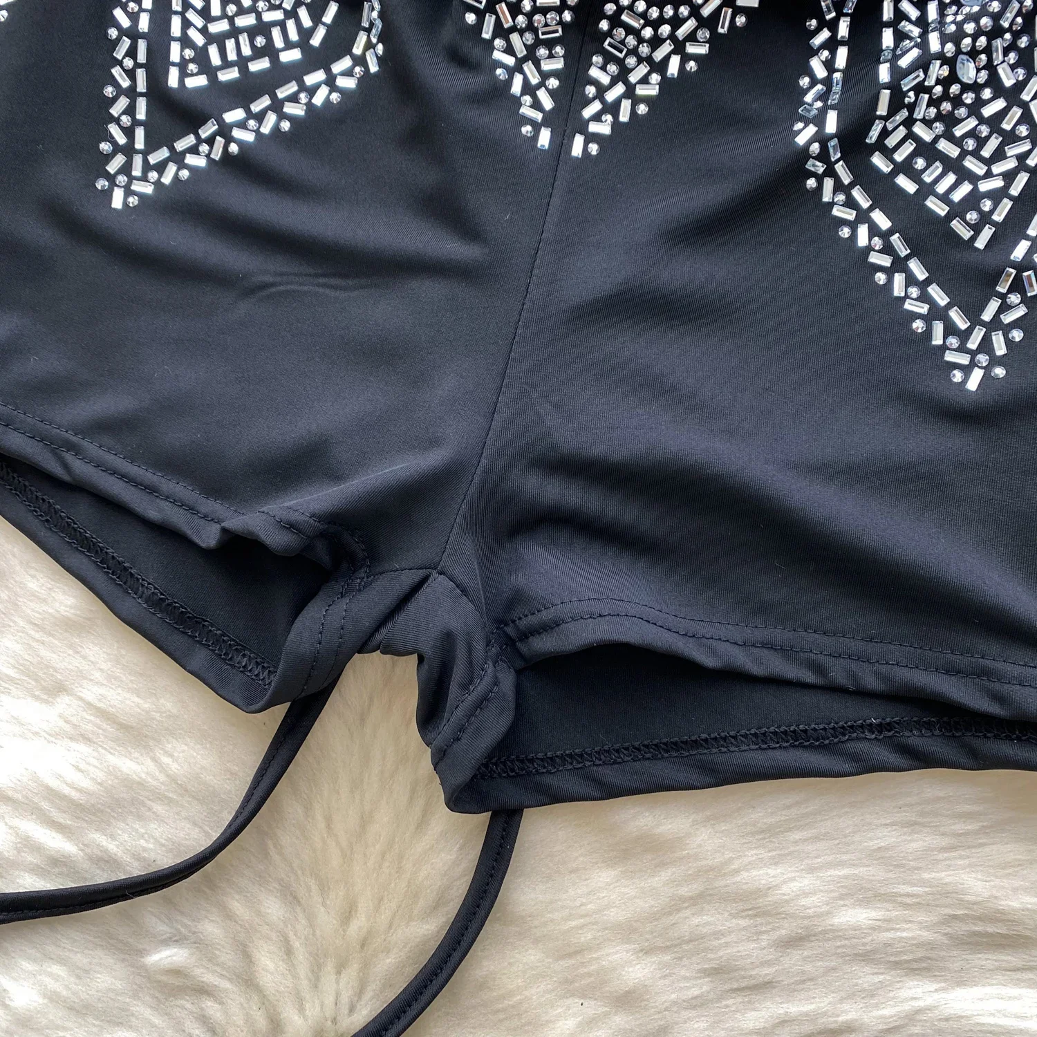 Hotsweet Halter Deep V-neck Sleeveless Sexy Backless Rhinestone Slim High Street High Waist Short Pants Summer Women Playsuits