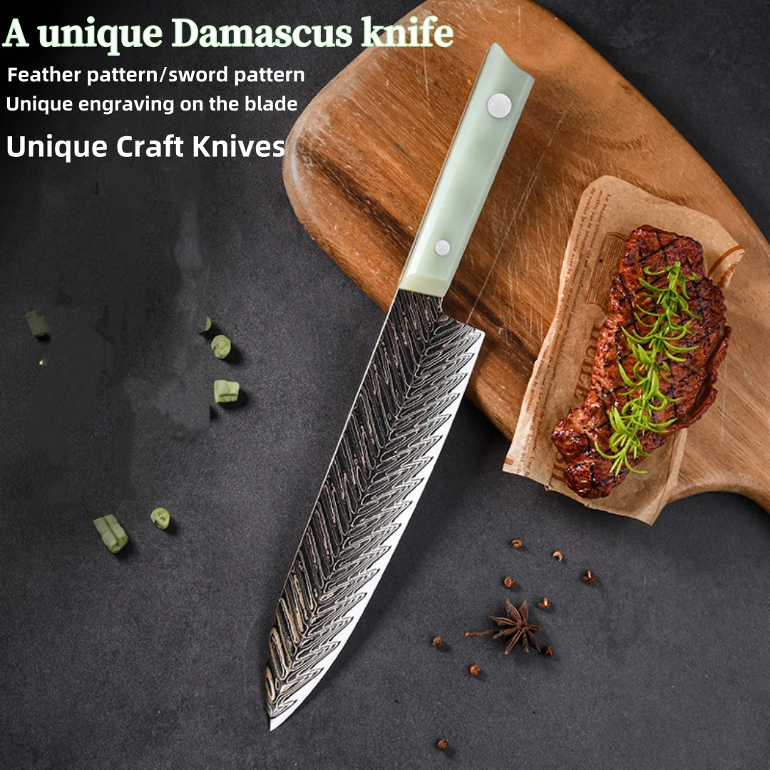 

Damascus Chef Knife Kitchen Knife Meat Cleaver Professional Knife Beautiful Brass Engraved Feather Pattern Craft Knife