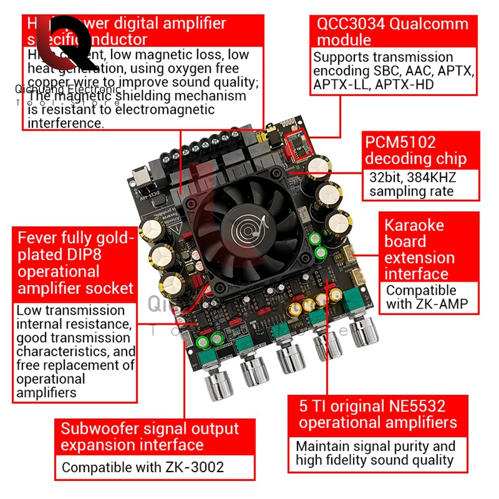 ZK-APTX2 DC15-40V 2.1 kanałowy wzmacniacz mocy 200W + 200W + 400W moduł wzmacniacza audio HiFi NE5532 Chip dla modułu Qualcomm QCC3034