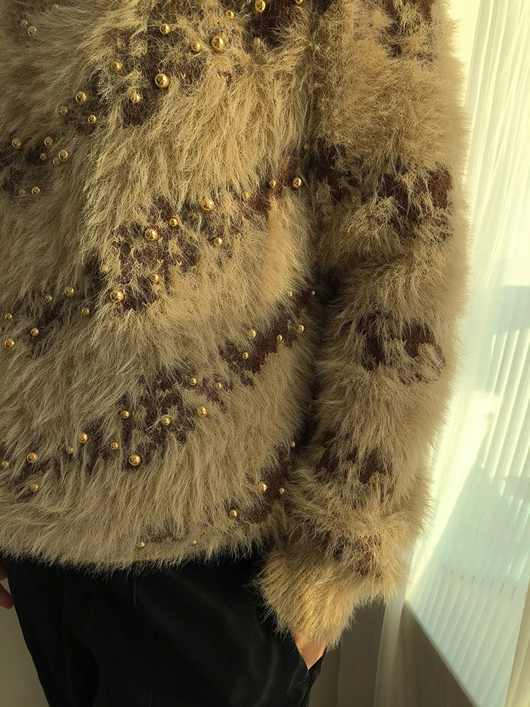 Sweter damski z koralikami 2023 jesień/zima nowość w bluzkach z rozmytymi grube przeszycie w paski Vintage