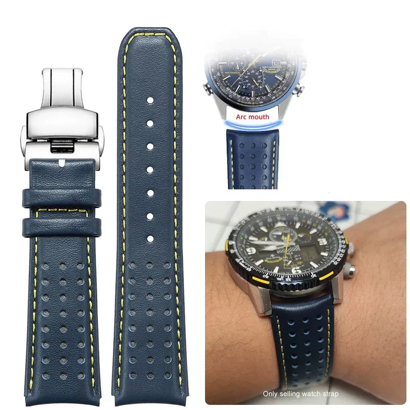 Blue Cowhide Watch Strap 22mm 23mm for CITIZEN Blue Angel Radio Wave Watch Band AT8020-54L/8020-03L/JY8078 Curved End Bracelet
