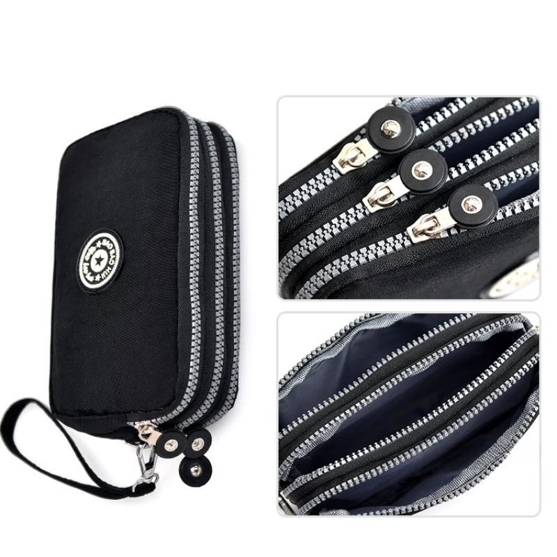 Fashion Zipper Wallet Women's Casual Waterproof Clutch Bag Versatile Nylon Phone Bag with Wristlet 3 Layer Wallet Large Capacity