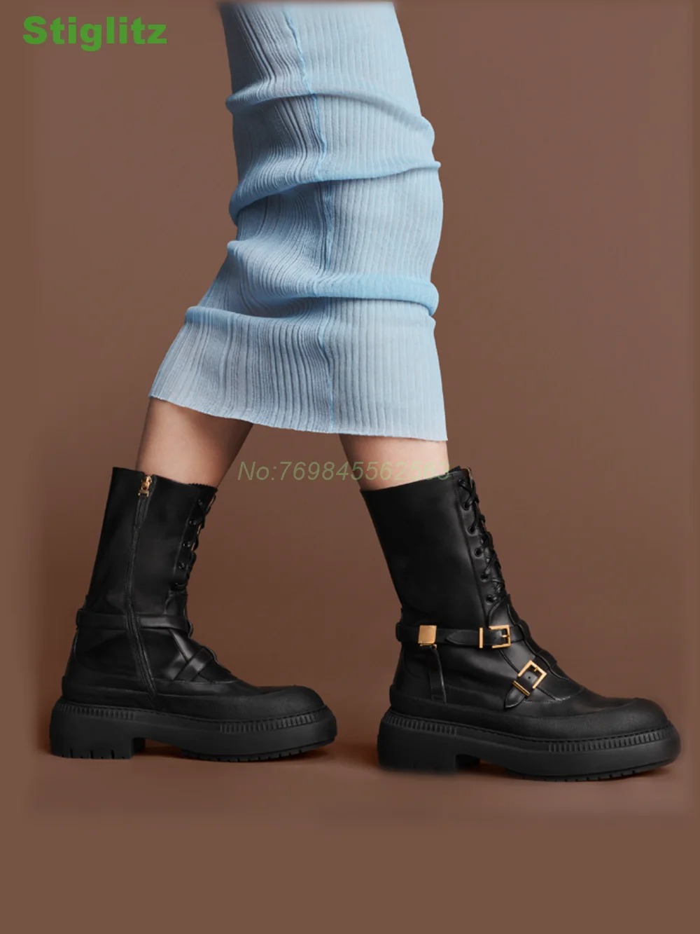 Beit Buckle Boots Mid Calf Black Solid Thick Women's Boots Real Leather Low Heel Lace-up Winter Zip 2024 Luxury Round Toe