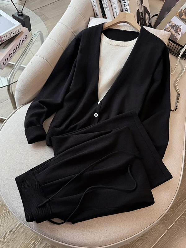 

Fashionable Korean Women's Long Sleeve Wide Leg Pants Set Spring Design Black Top Bottoms Combo Casual Sportswear Ensemble