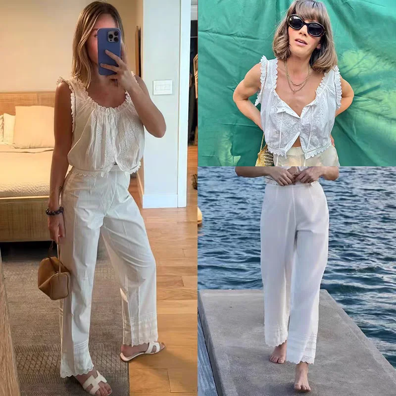 

Faionable Hollow out Embroidered Floral Trim Vest And Pants Set Summer 2025 Simple Sle Cotton Material Women's Suit