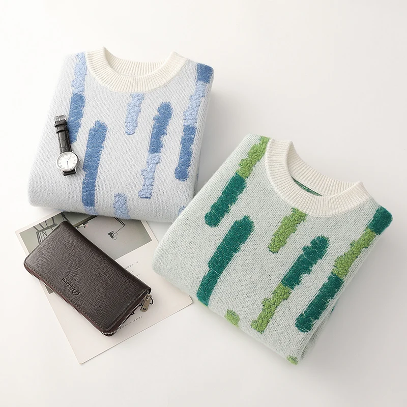 جديد 100% الصوف الخالص الرجال س الرقبة البلوز 2025 الخريف/الشتاء اللون مطابقة قمة عادية سميكة موضة كبيرة الحجم البلوز سترة