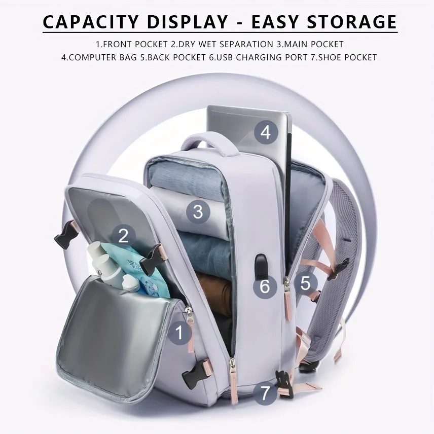 Large capacity expandable travel backpack with suitcase-style full open design and separate shoe compartment, ideal for air trav view 3