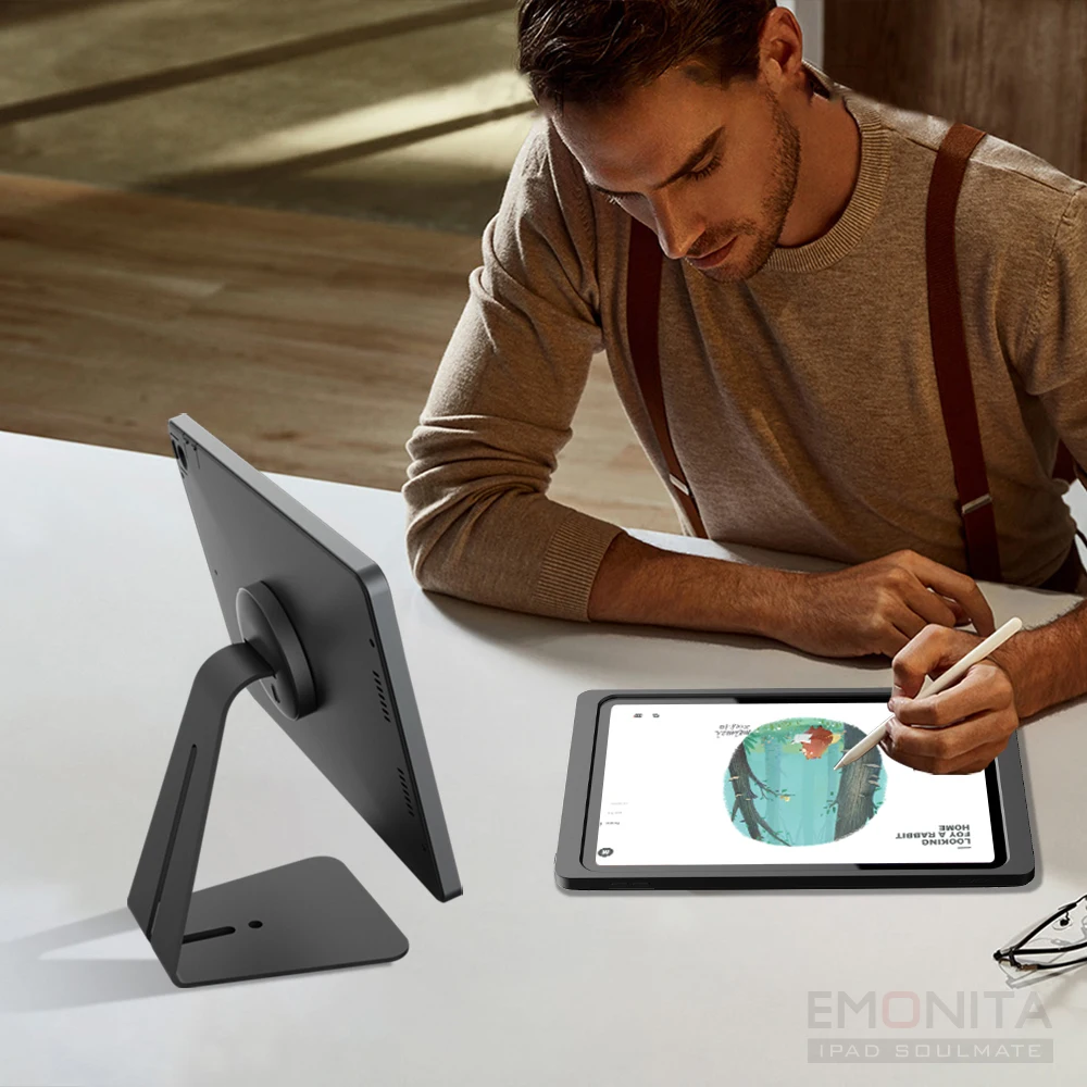 حامل مغناطيسي EMONITA على المكتب مع حافظة لجهاز iPad Air مقاس 13 بوصة (M2/ M3)، شكل L كلاسيكي، مغناطيس قوي، دوران 360 درجة، 90 إمالة #6