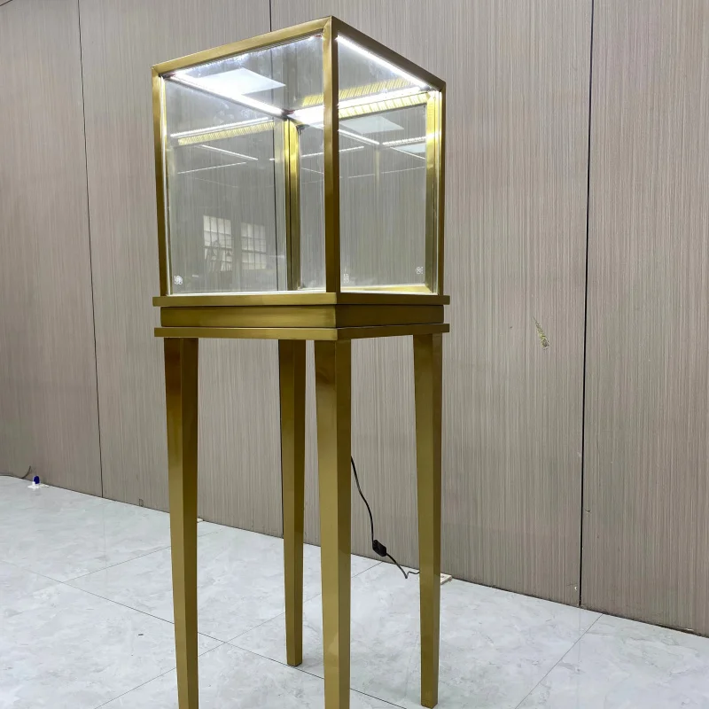 custom.WYP Iron S/S Stand Jewelry Tempered Glass Jewellery Display Cabinet with Tray Led Light Set Showcase Gold Shop