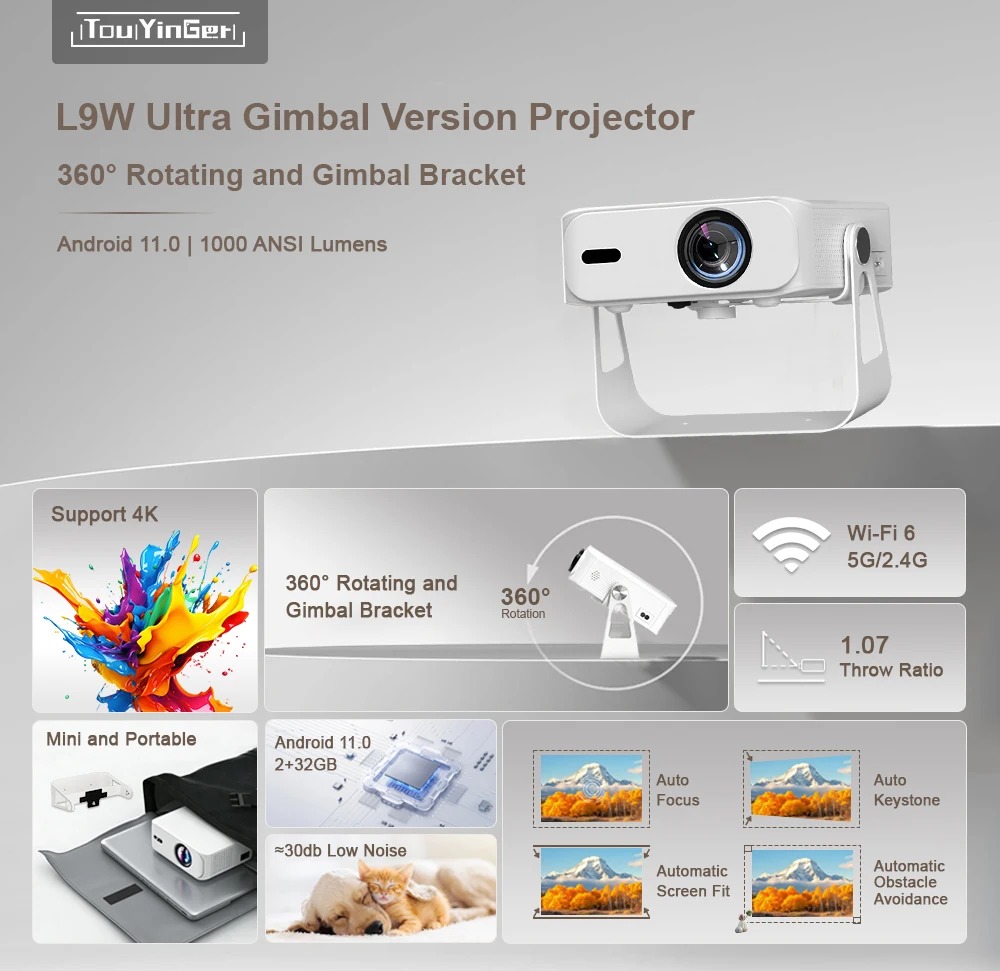 

Портативный проектор Gimbal с поддержкой 4K и 360-градусным обзором ° Подставка для проектора Gimbal Stand 1000ANSI, 1080P, с автофокусом, L9W Ultra, для домашнего кинотеатра