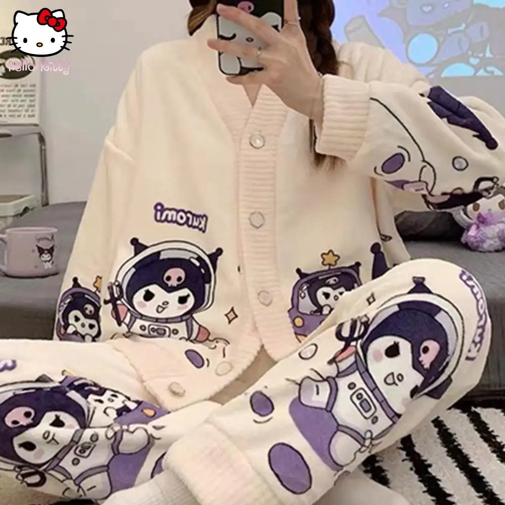 Hellokitty Sanrio 가을 겨울 잠옷 여성 v 넥 카디건 귀여운 캐주얼 홈웨어 만화 플러스 벨벳 두꺼운 플란넬 슈트