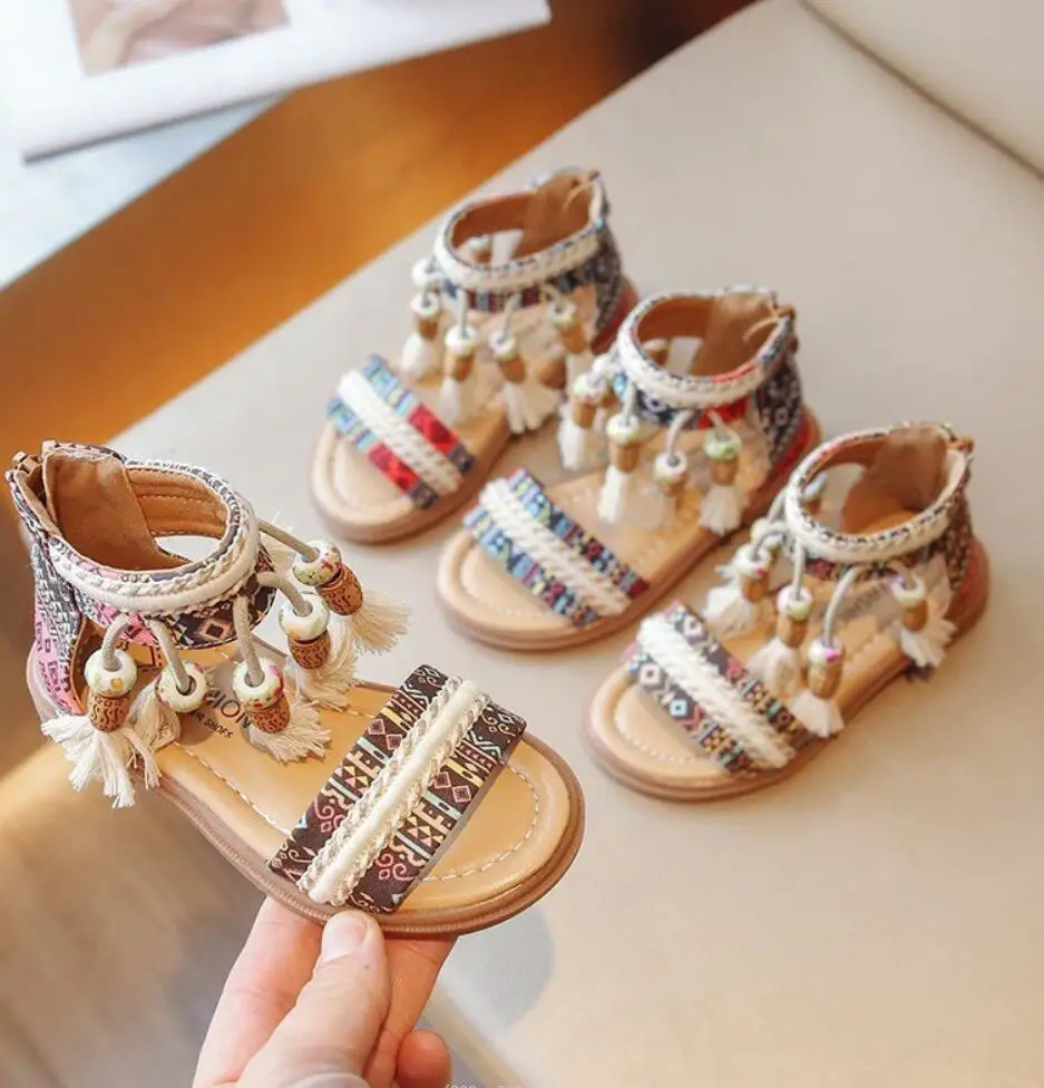 Girls Sandals Ethnic Retro Children Fashion Casual Shoes 2026 Bohemia Tassels Summer New Sandals Kids Vacation Beach Sandalias