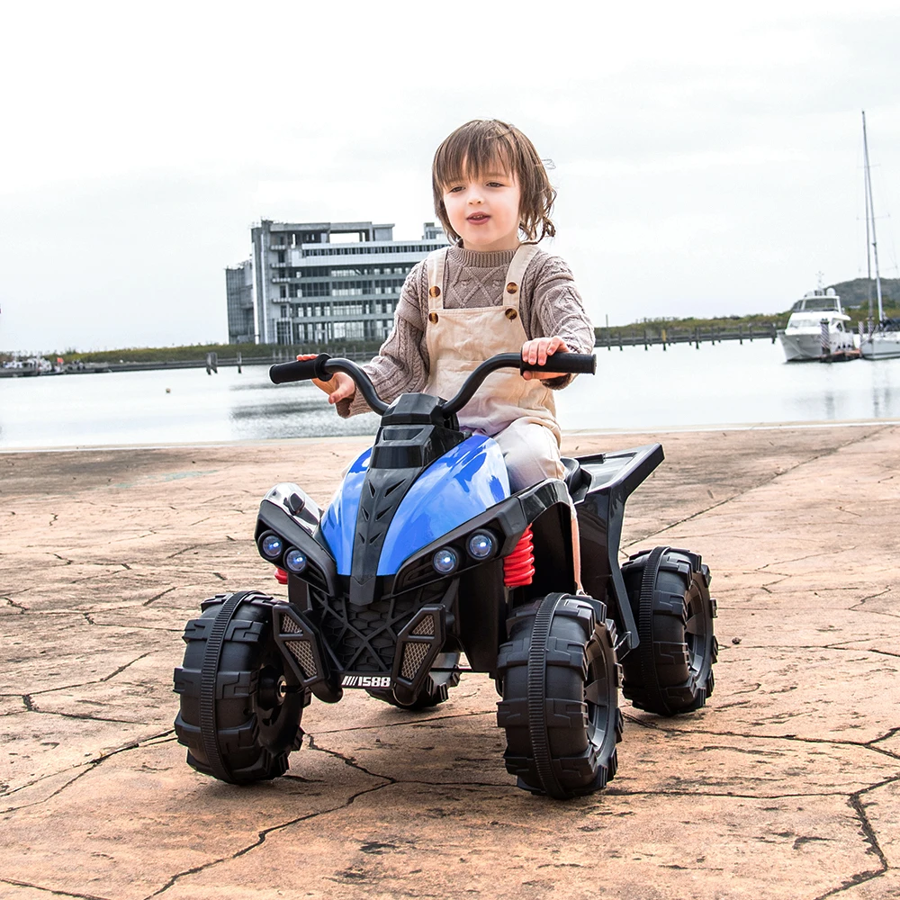 Jouet de voiture électrique à 4 roues pour enfants, roues tout terrain, lumières LED et musique, 12V