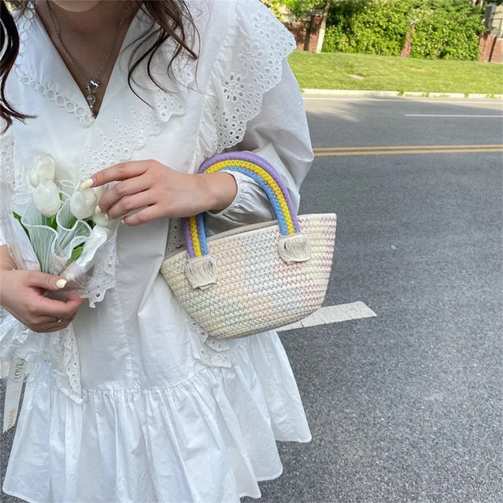 Versatile Handbag Multiple Colors To Choose From For European And American Retro Open Woven Bucket Bag Rainbow