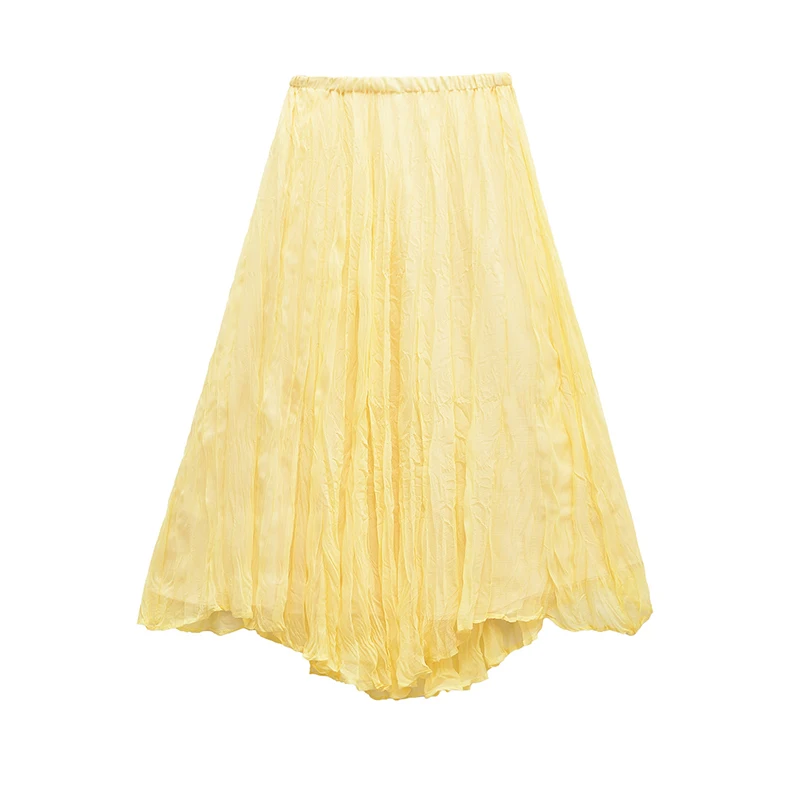 YENKYE Women Crinkle Effect Yellow Midi Long Skirt Elastic Waist Asymmetrical Hem Spring Summer Skirts Casual Holiday Faldas