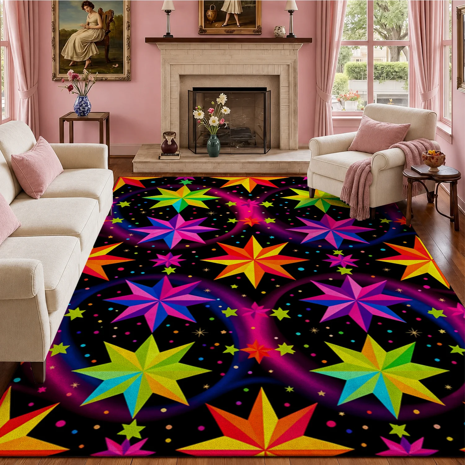 Vibrant Colorful Star Galaxy Pattern Area Rug, Velvet Fabric, Machine Washable Soft Plush Area Rug for Living Room Bedroom Dining Area Entryway, Ideal for Halloween Thanksgiving Christmas New Year Black Friday Cyber Monday Home Decor