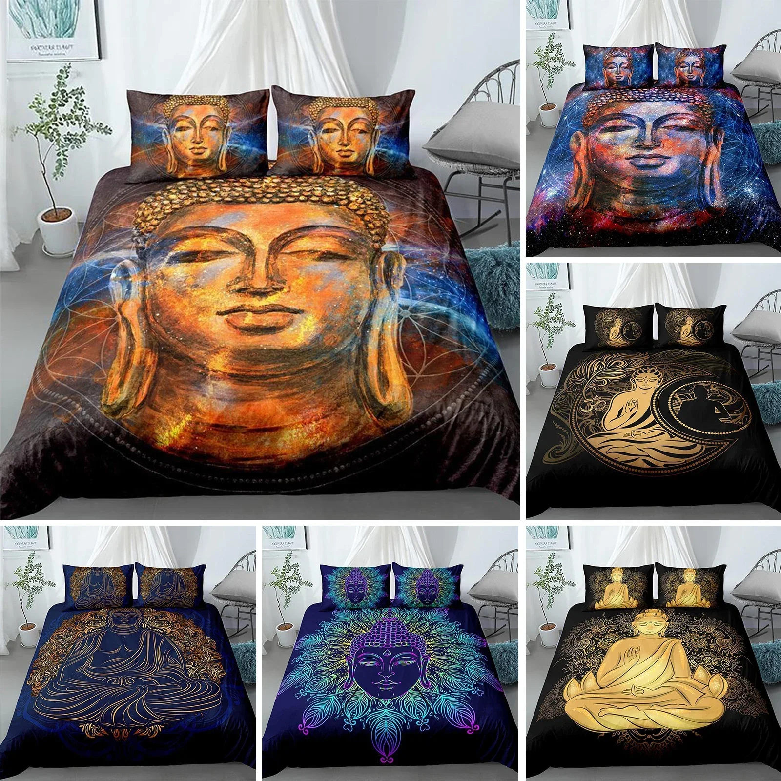 

Mandala Buddha Duvet Cover Set,Bohemian Bedding Set Golden Black Lotus Flowers Print Luxury Microfiber Polyester Comforter Cover