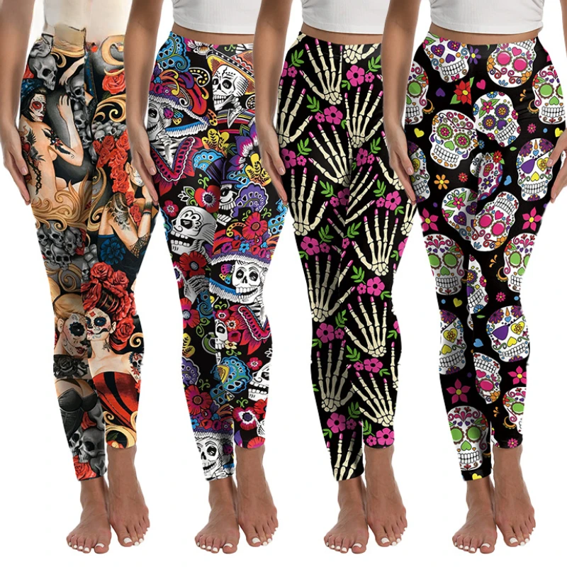 

Женские нижние брюки на Хэллоуин, дневные мертвецы, череп, цифровой принт, готические эластичные леггинсы для фитнеса, тренировочные брюки до щиколотки