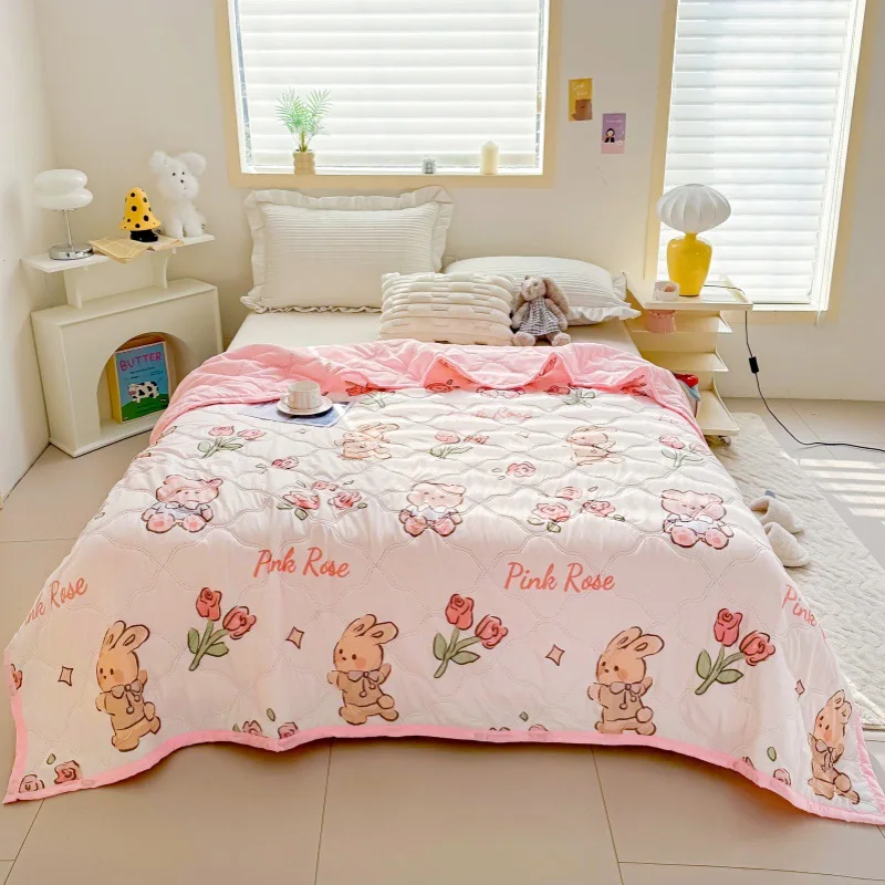 Floral Printed Summer Cooling Quilt Washable Cotton Breathable Thin Air Conditioner Blanket for Home Bedroom