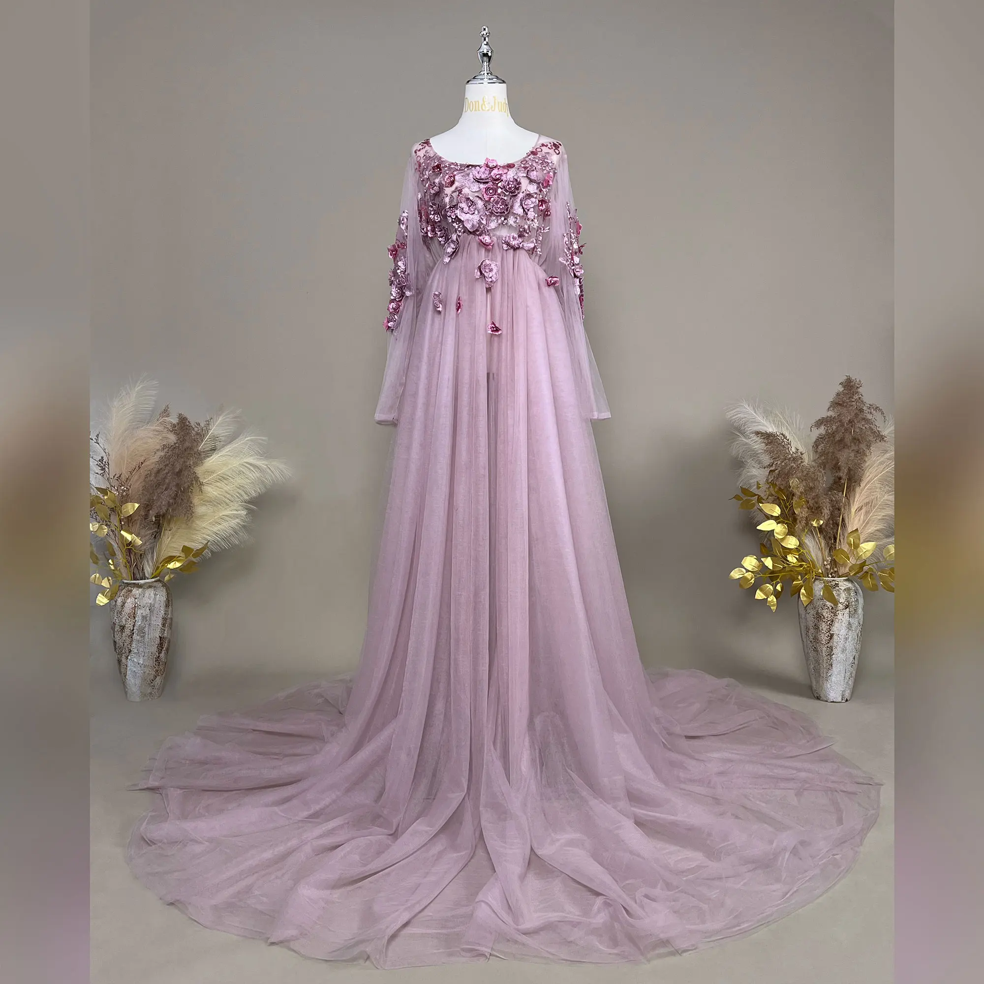 Don&Judy Mauve Tulle Maternity Dress for Photoshoot 3D Flowers Embroidery Pregnancy Gown Party Evening Dress for Pregnant Women