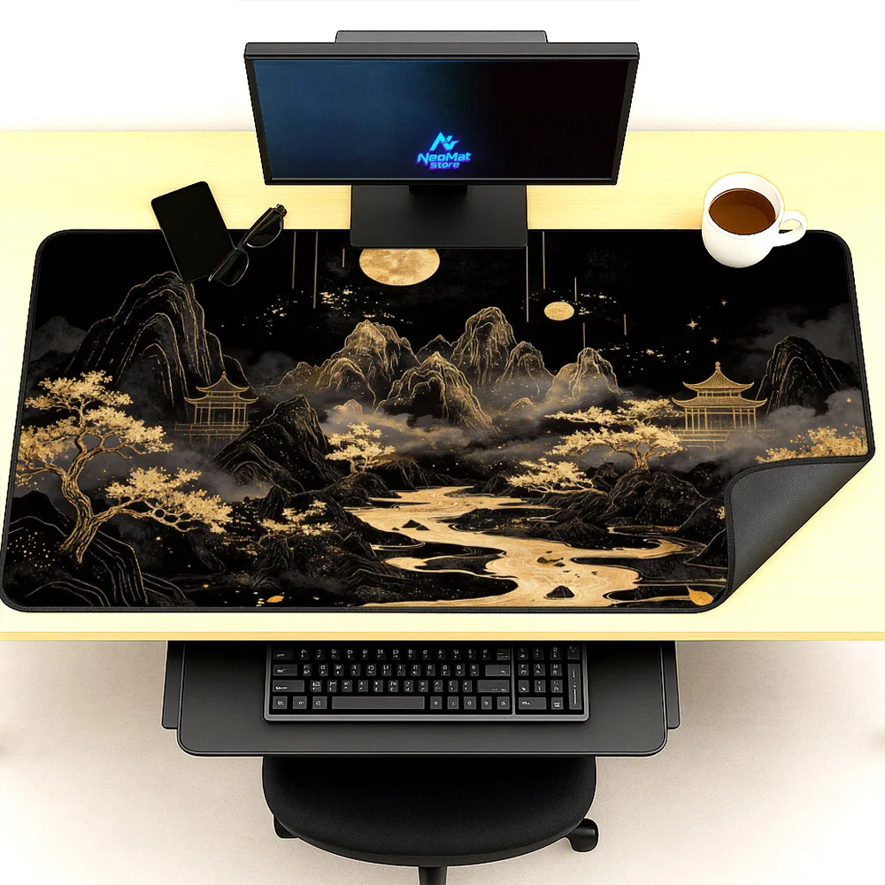 Black Gamer Mats Chinese Mouse Pad 1300x600 Desk Accessories Aesthetic Golden Mousepad Japanese Art Computer Mat Large 1400x600