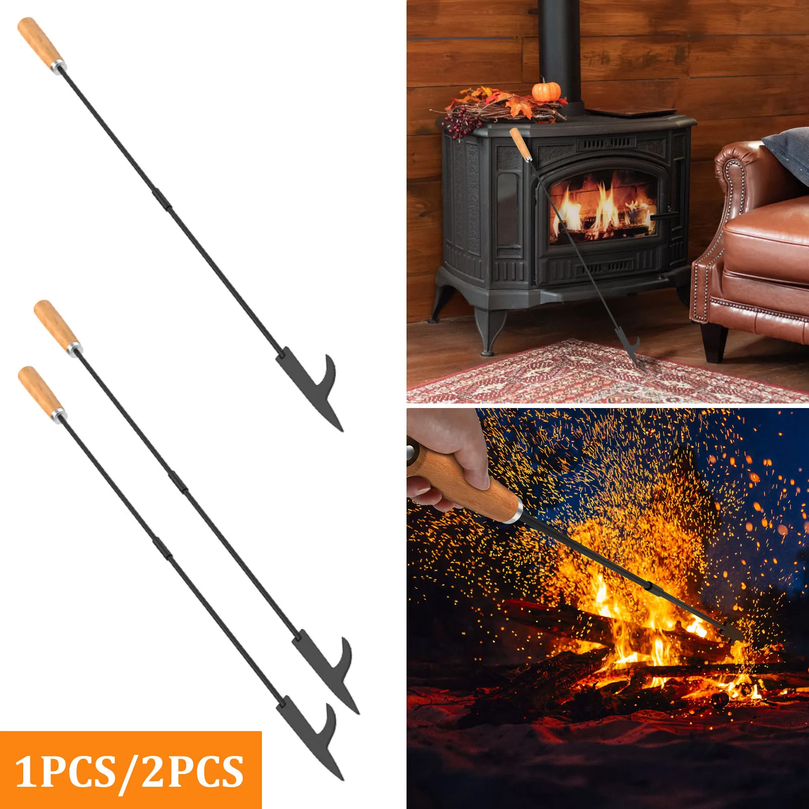 木製ハンドル付き鉄製キャンプファイヤー火ポーカースティック、ファイヤーピット、ポータブルファイヤーピット、キャンプ暖炉用の取り外し可能なツール、82cm、1個、2個