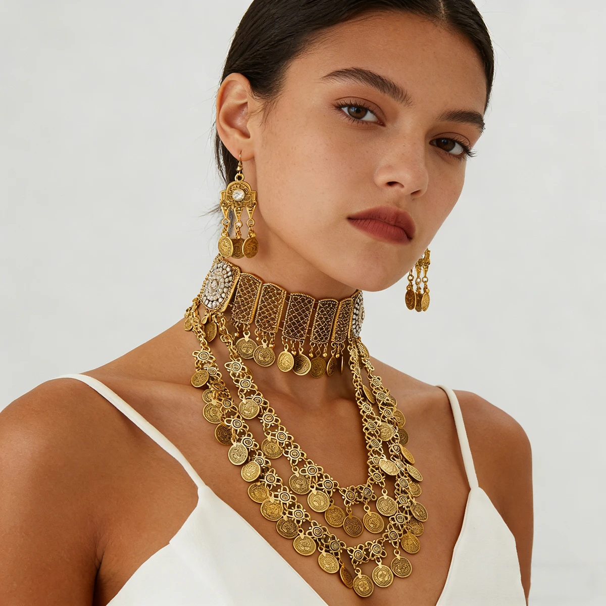 Colar e Brincos Étnicos Femininos com Moeda Dourada e Franjas, Estilo Boêmio, Pingente Longo, Choker, Joias Turcas e Afegãs para Casamento