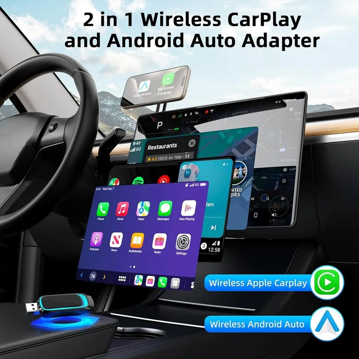 

A26Z Wireless Carplay Adapter and Android Auto Wireless Adapter with Ambient Light, CarPlay Adapter for IOS 10+ & Android 11+